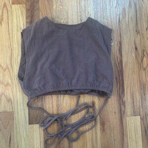 brown cinched tie crop top, high neck